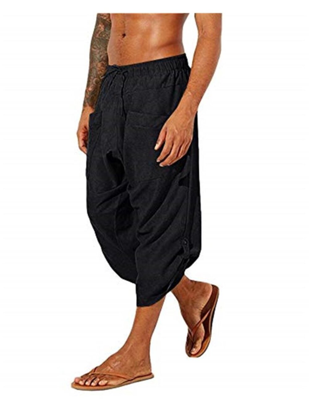 Men's Linen Harem Capri Pants Drawstring 3/4 Shorts